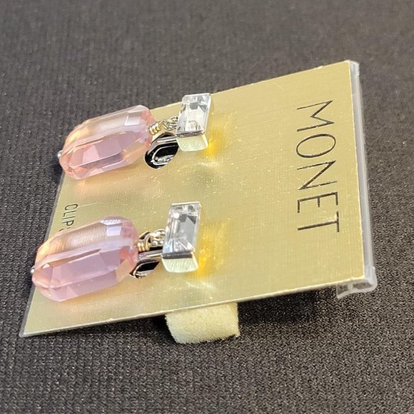 VTG Clip On Pink Silver Earrings Dangle Drop Pageant Rhinestone Crystal NEW Card - Picture 2 of 4